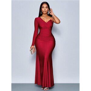 Asymmetrical Neck Mermaid Hem Bodycon Sexy Maxi Dress
